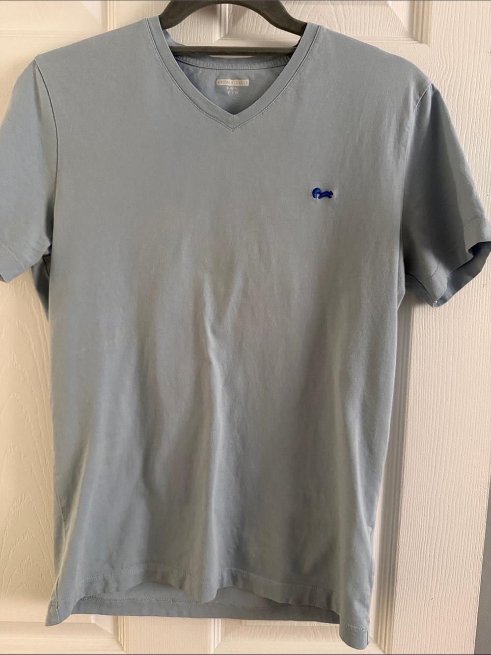 Men's Pale Blue V-Neck Short Sleeve Cotton Tee Squirrel Chest Logo - size Small